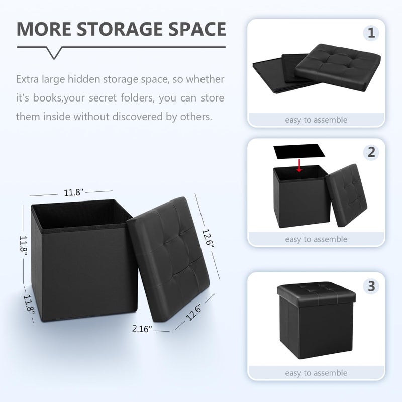 B FSOBEIIALEO Folding Storage Ottoman Cube Footrest Faux Leather for Living Room Seat Chest Black 12.6"X12.6"X12.6" - Image 5
